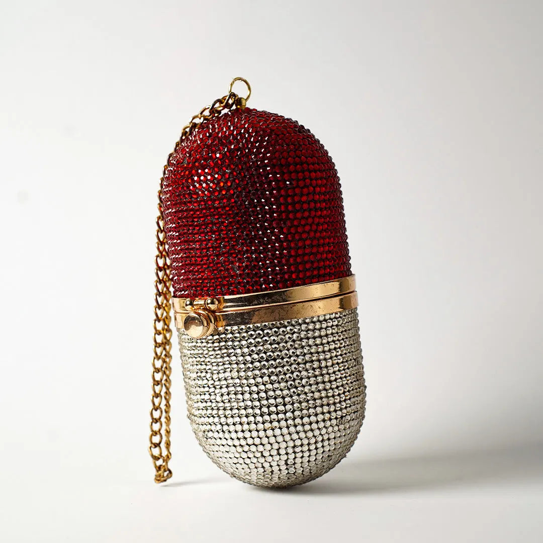 Pill Silver/Red Clutch - Crystal